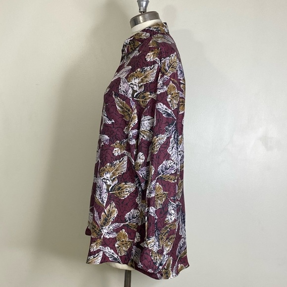 100% SILK FALL LEAVES SOFT BUTTON UP LONG SLEEVE BLOUSE SIZE LARGE UNISEX - Picture 7 of 14